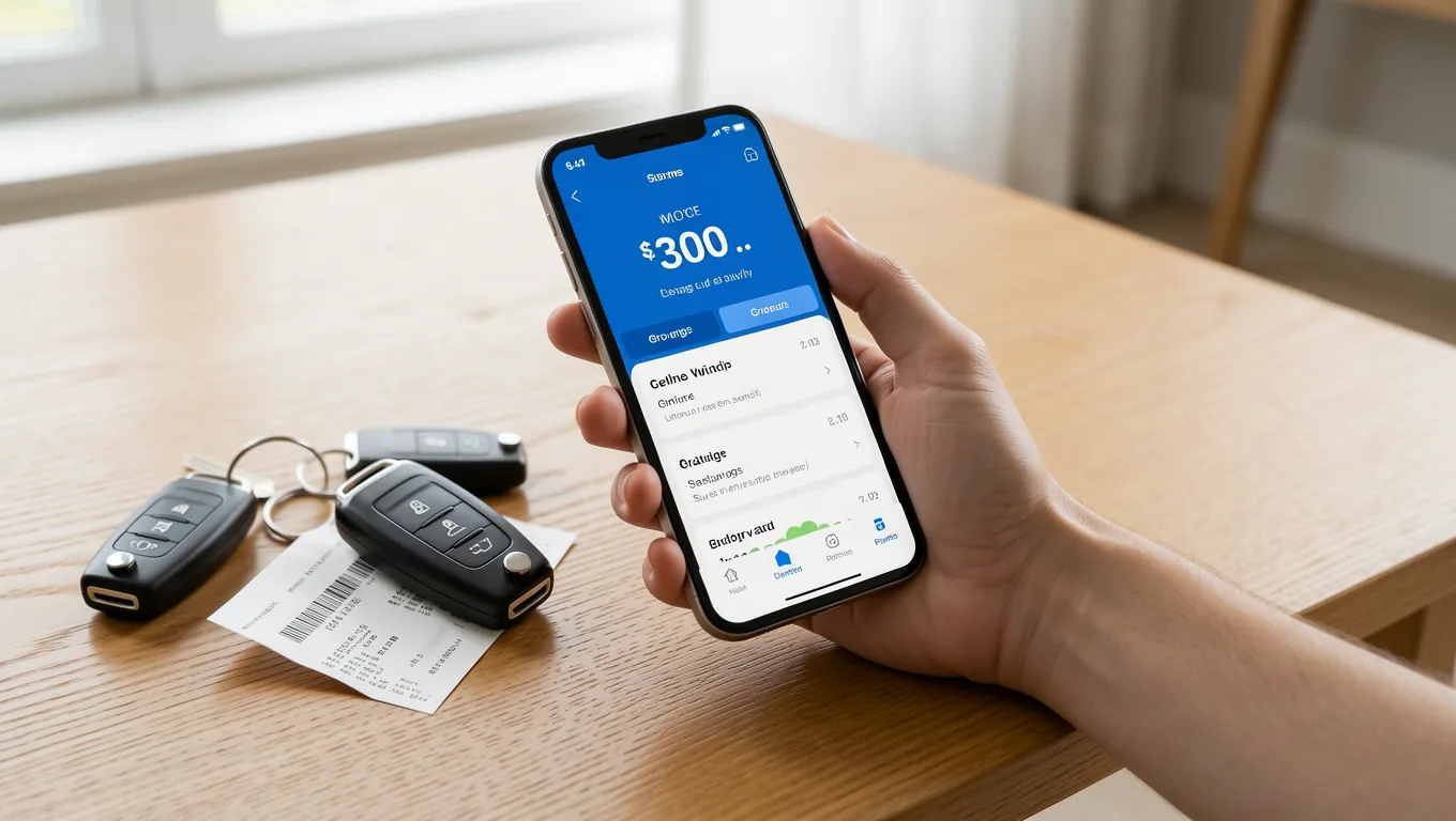 Smartphone and cash representing a $300 fast cash advance scenario.