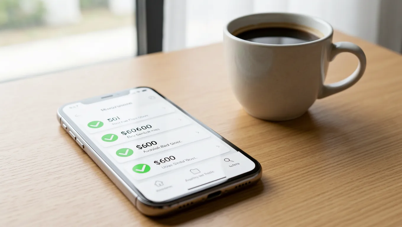 Smartphone showing a quick $600 payday loan transfer confirmation.