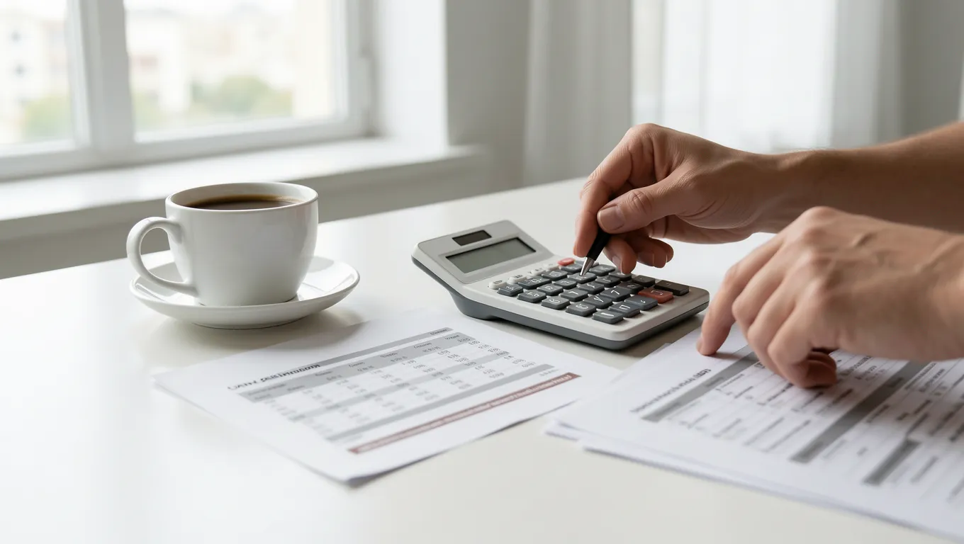 Financial tools including a calculator and budgeting notebook