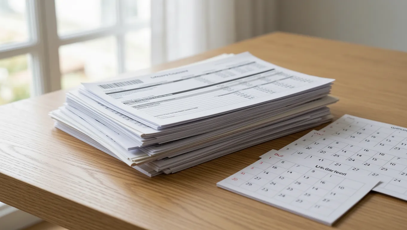 Unpaid bills and car repair invoice on a wooden table