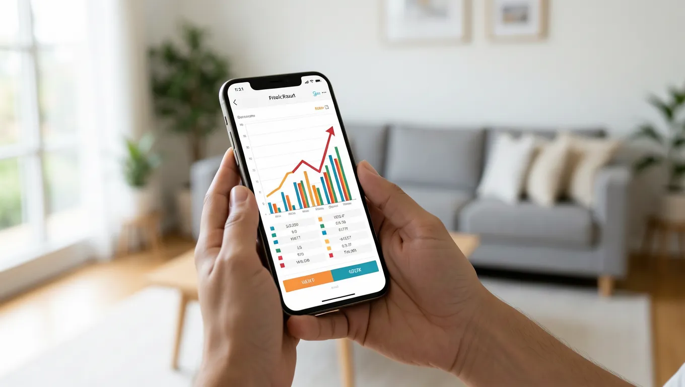 A hand holding a smartphone showing a financial growth chart