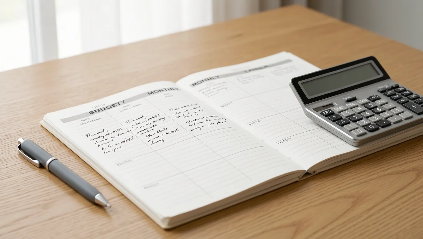 A physical planner and calculator sitting on a wooden desk in soft light