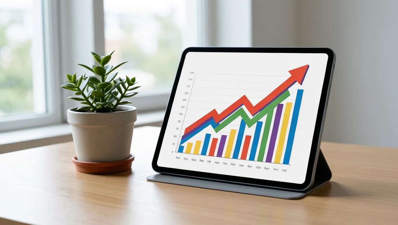 A hand interacting with a digital tablet showing colorful financial charts