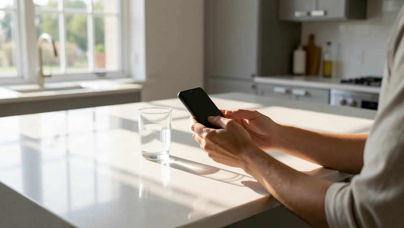Person using a smartphone for financial management in a bright kitchen