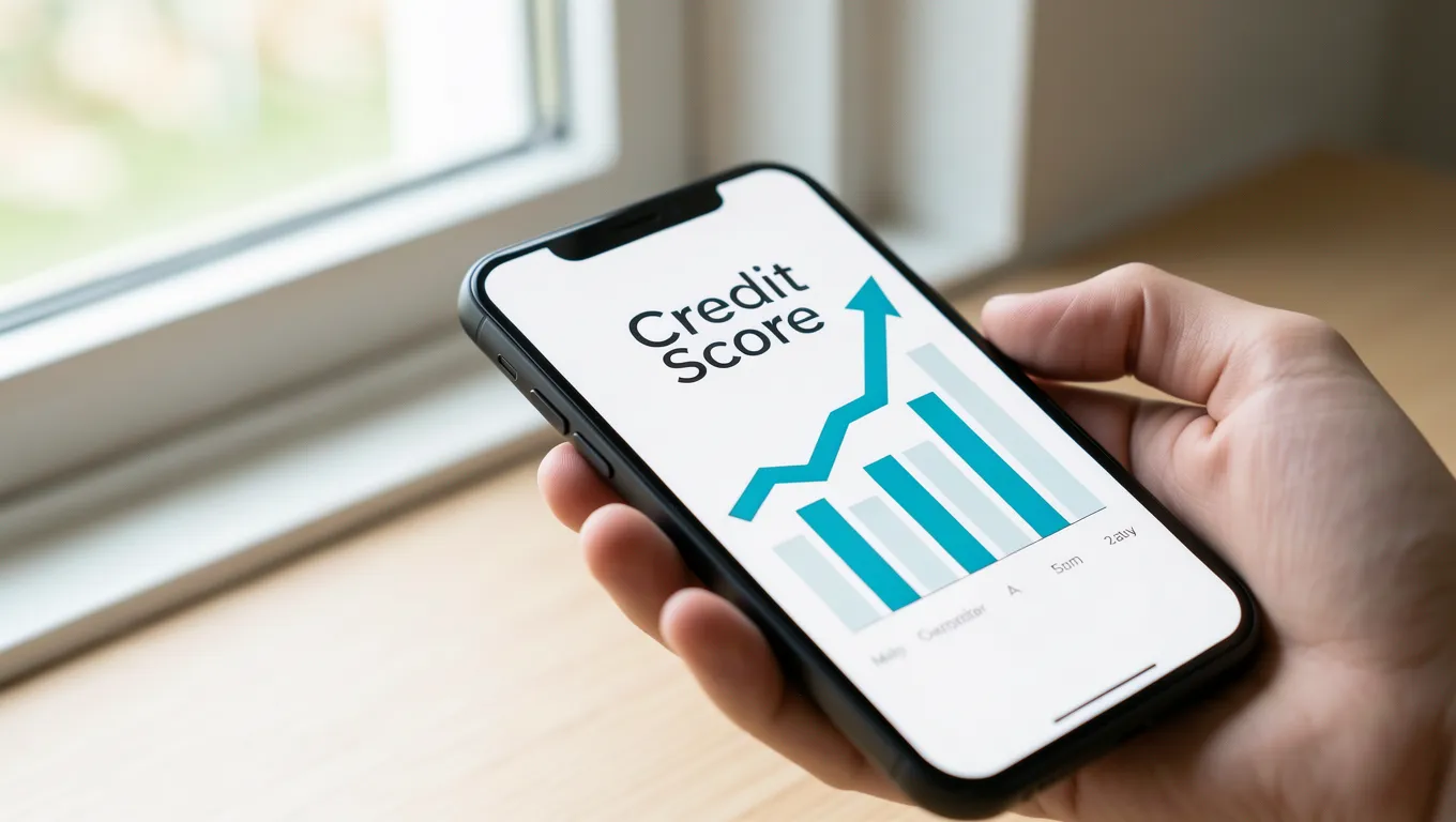 Smartphone showing a rising credit score graph on a desk