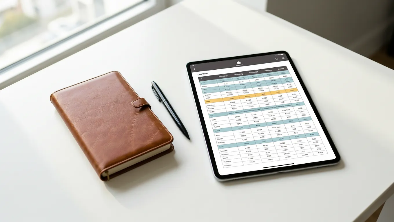 An organized desk featuring a tablet displaying financial comparison data