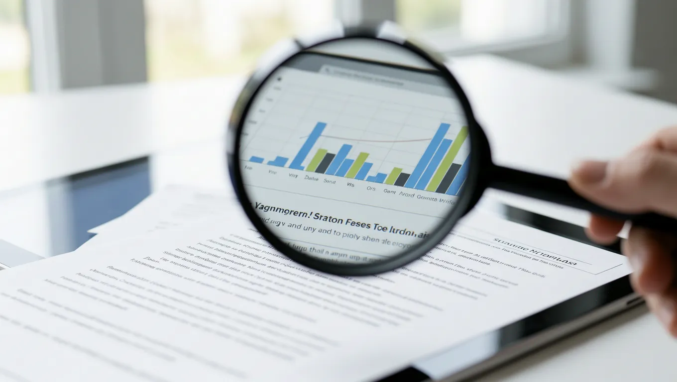 Magnifying glass over financial loan documents and paperwork