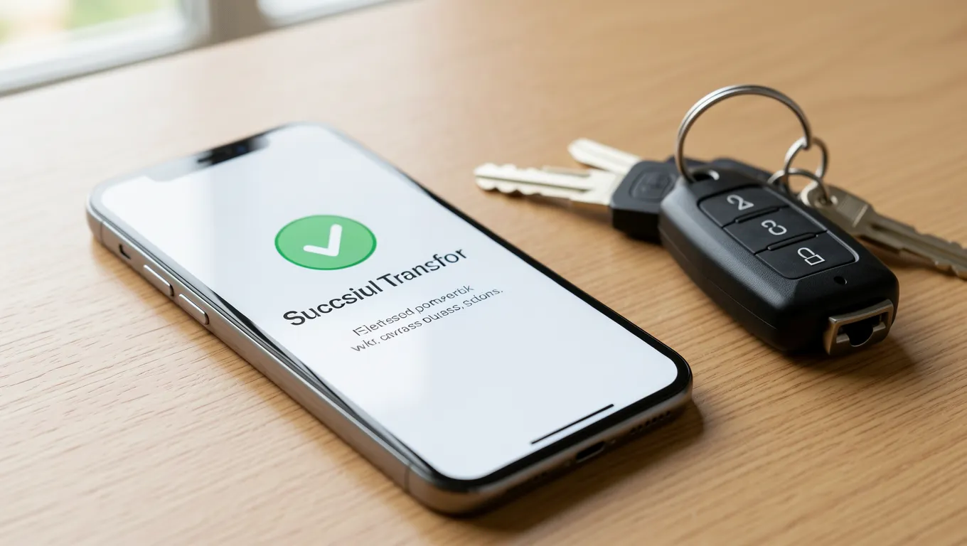 Smartphone showing a successful direct deposit payday loans transfer notification on a desk.