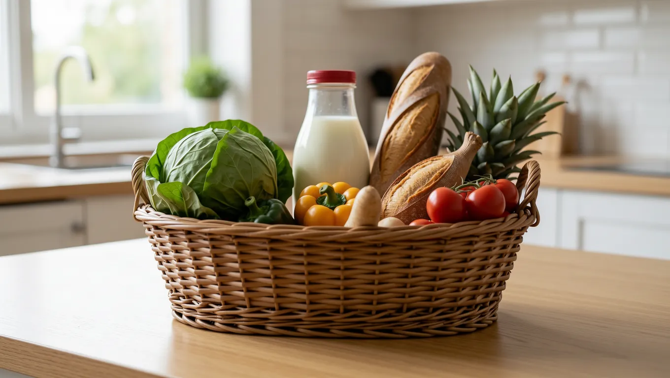 An organized grocery store shelf containing healthy food items for emergency cash for groceries.