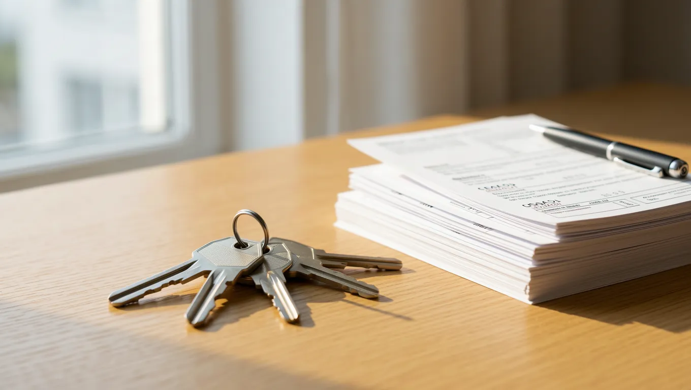 Apartment keys and financial documents representing payday loans for rent