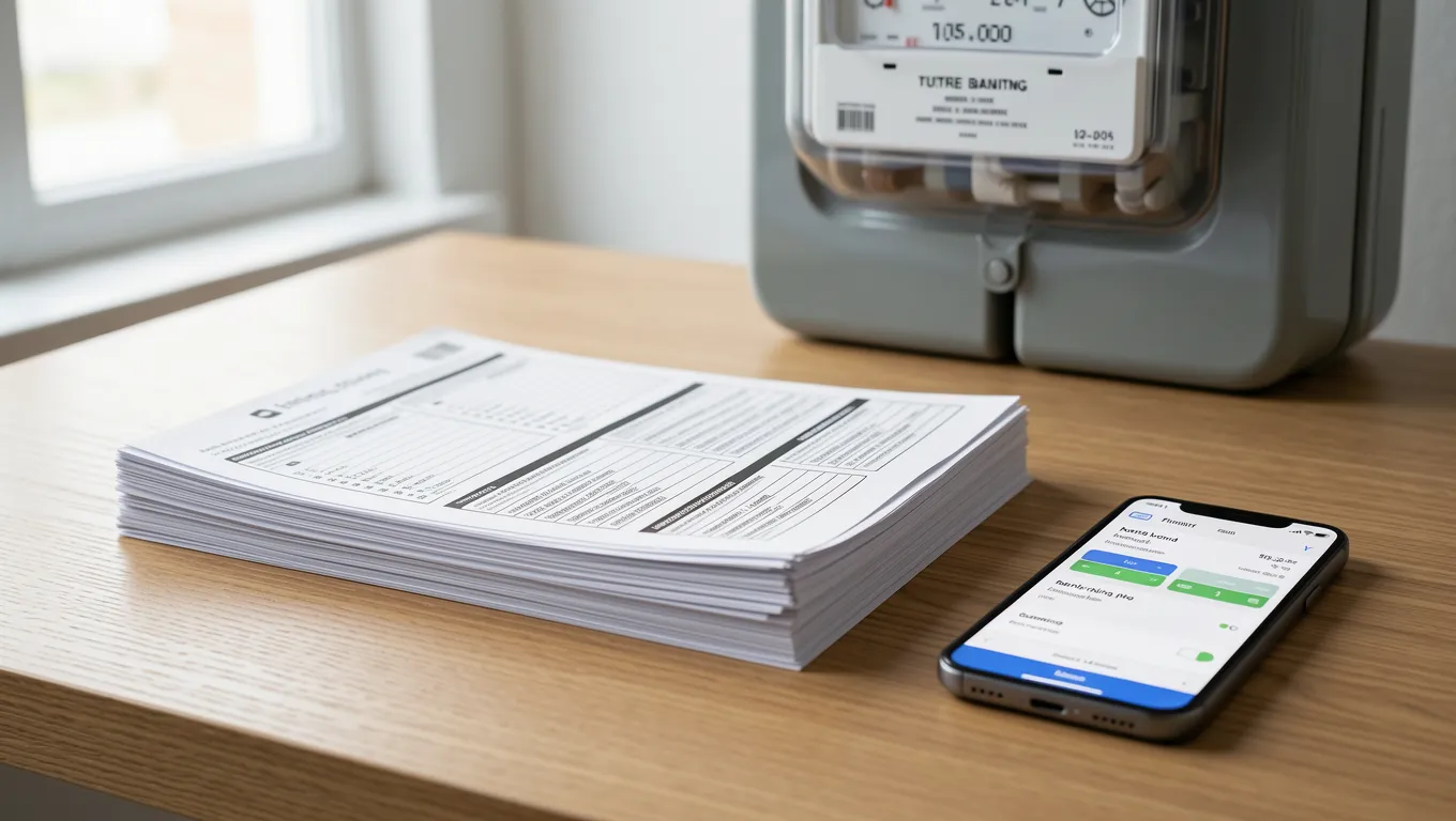 Stack of utility bills and a smartphone illustrating payday loans for utility bills.